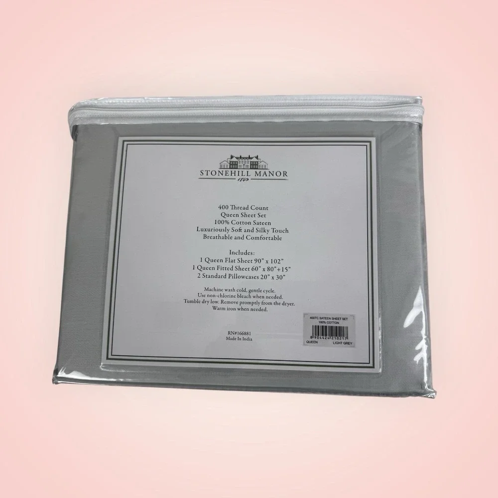 Stonehill Manor Light Grey Sateen Sheet Set Queen 400 Thread Count Cotton Luxury